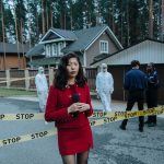 Journalist reporting from a crime scene with STOP tape and forensic team in the background. — Neue Trends bei Royal Coala Cas