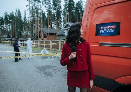 A reporter in red documents a crime scene with investigators in protective suits. — Wie nutze ich die Bonusangebote von Drago